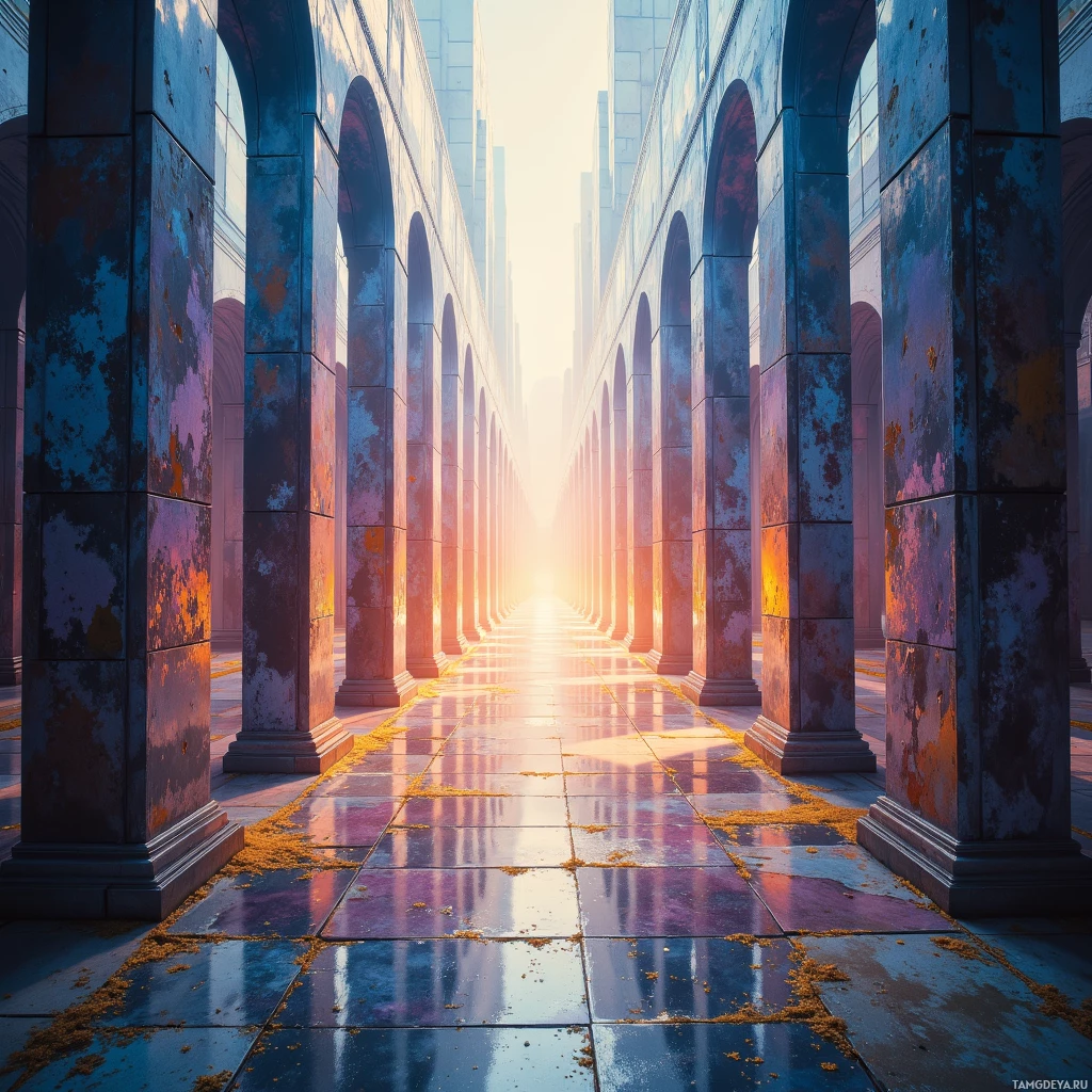 Длинный коридор, обрамленный высокими, резными колоннами, залитый теплым, золотистым светом.