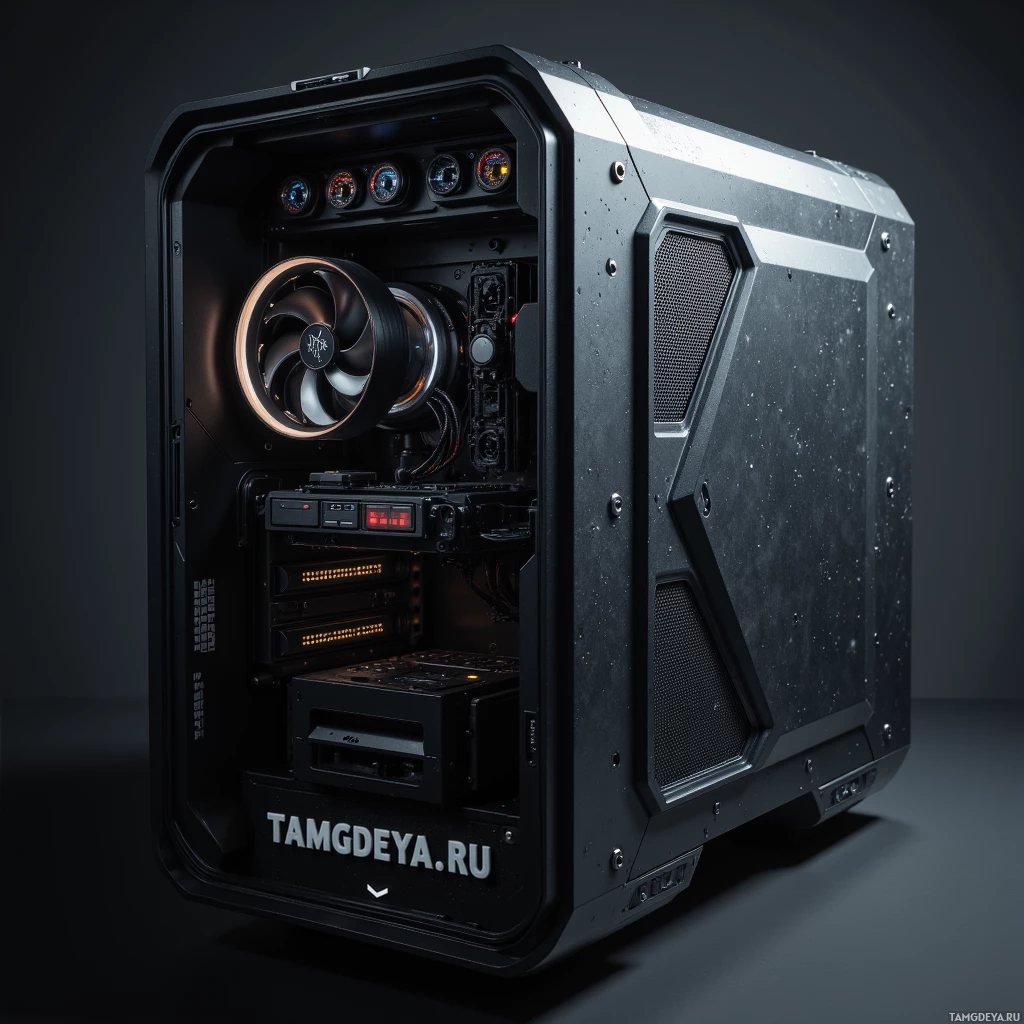Изящный черный корпус компьютера с видимыми внутренними компонентами и заметным вентилятором.