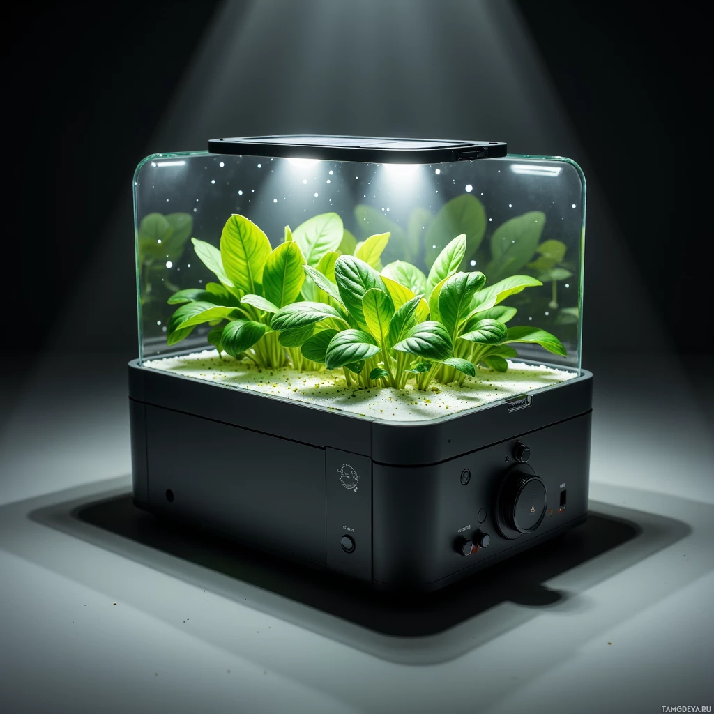 Небольшой стеклянный террариум с растением внутри, освещенный сверху.