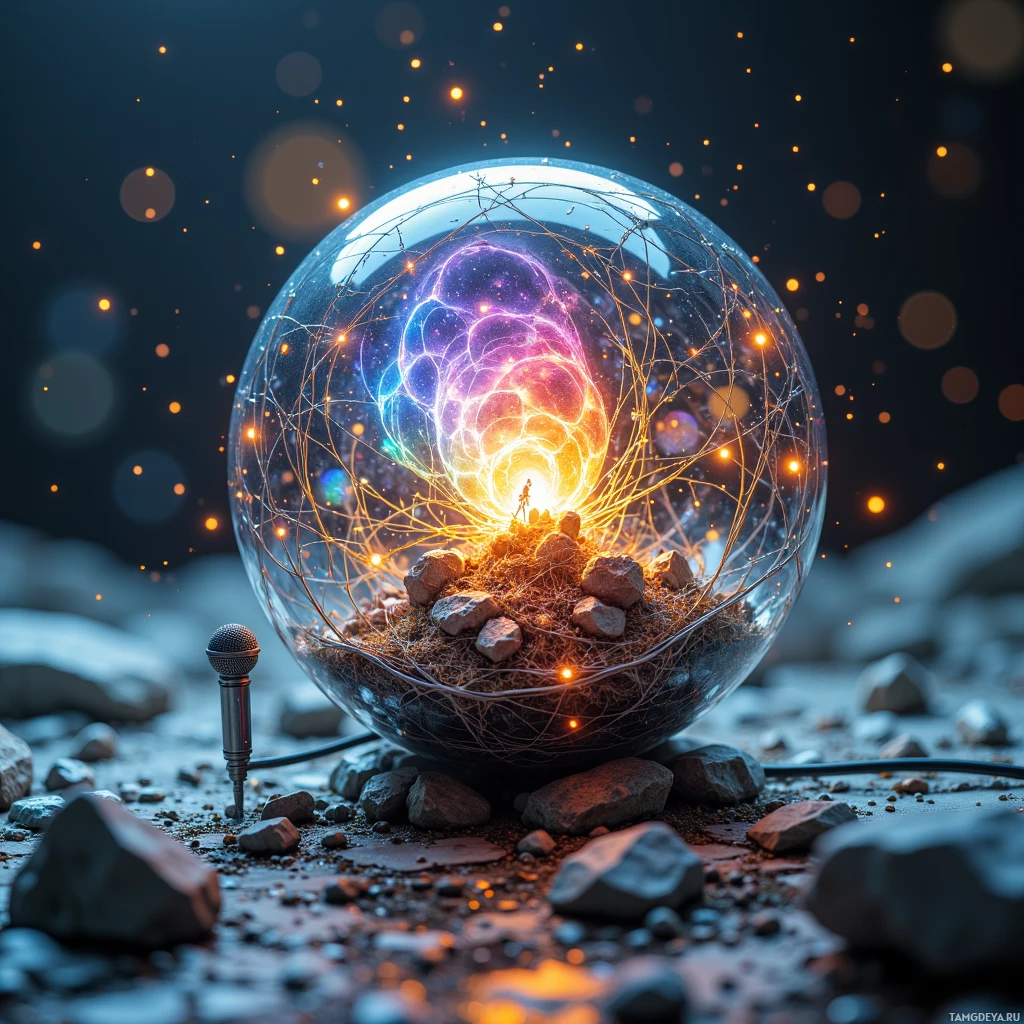Стеклянный шар, внутри которого находится светящаяся, замысловатая конструкция, покоится на скалистой поверхности, рядом с микрофоном.