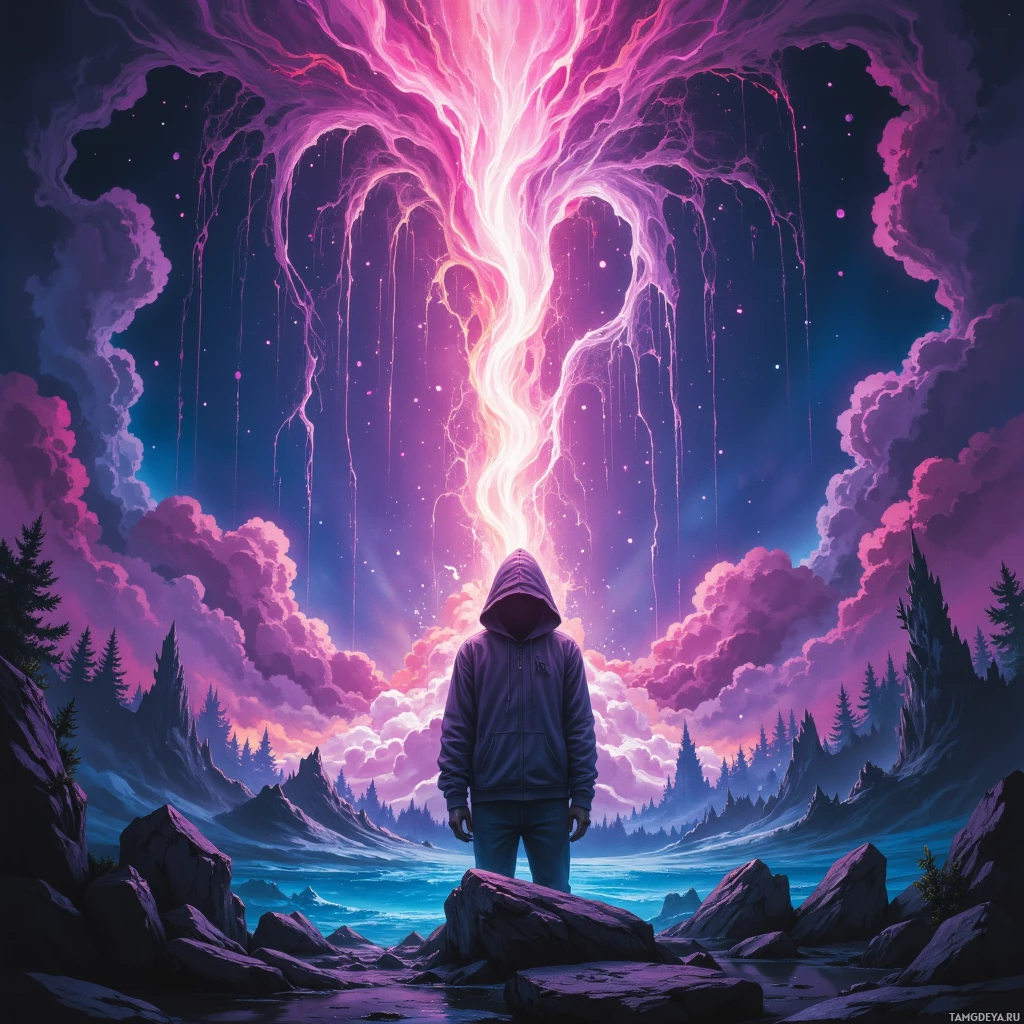 Фигура в капюшоне стоит на фоне яркого, космического неба, усыпанного светящимися нитями, над спокойным пейзажем из скал и деревьев.