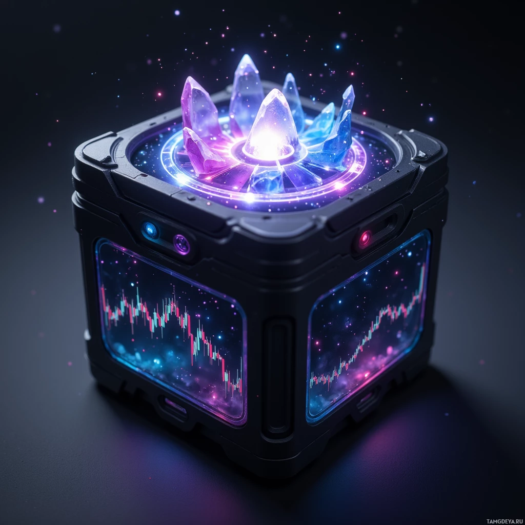 Футуристическое устройство с подсвеченными кристаллами и цифровым дисплеем.