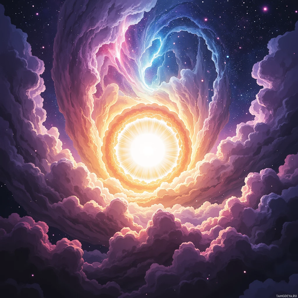 Яркая космическая сцена с завихряющимися облаками и ослепительным сиянием в центре.