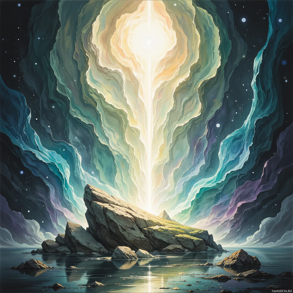 Безмятежный пейзаж, где над каменистым берегом и спокойным морем сияет небесный свет.