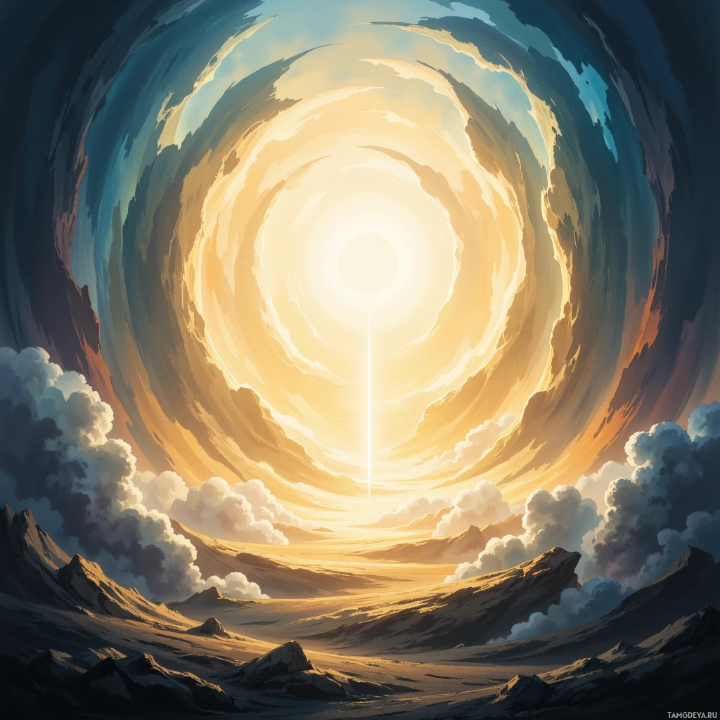 В небе бушует вихрь света и тени, отбрасывающий драматичный свет на суровый, гористый ландшафт.