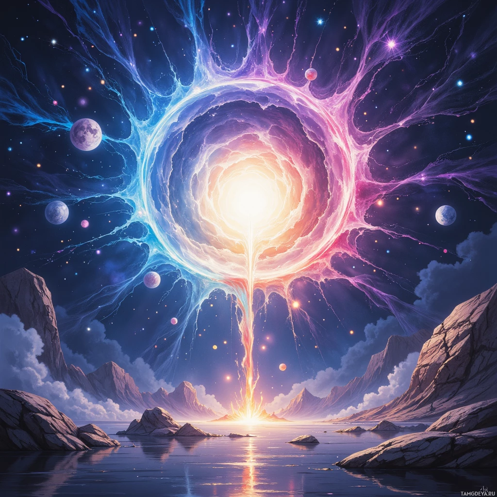Яркая космическая сцена с сияющим порталом, окружённым небесными телами и потоками неземной энергии.