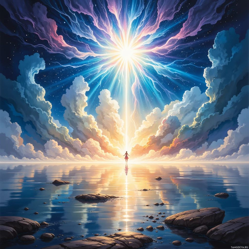 Спокойная картина: человек стоит на каменистом берегу под ярким небом, залитым лучами света.
