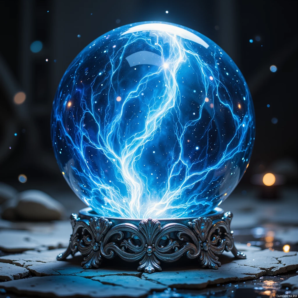 На потрескавшейся каменной поверхности возвышается резной постамент, на котором покоится светящийся синий кристалл, изнутри которого проступают узоры, похожие на молнии.
