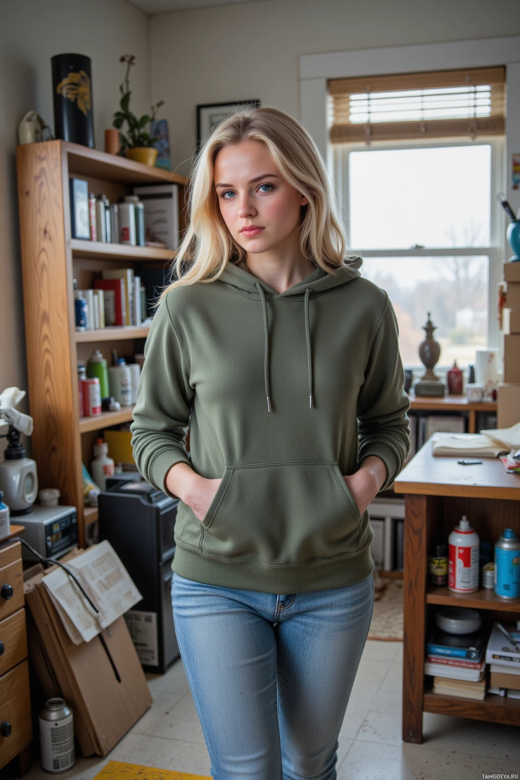 В комнате стоит человек в зелёном худи и джинсах, с руками в карманах.