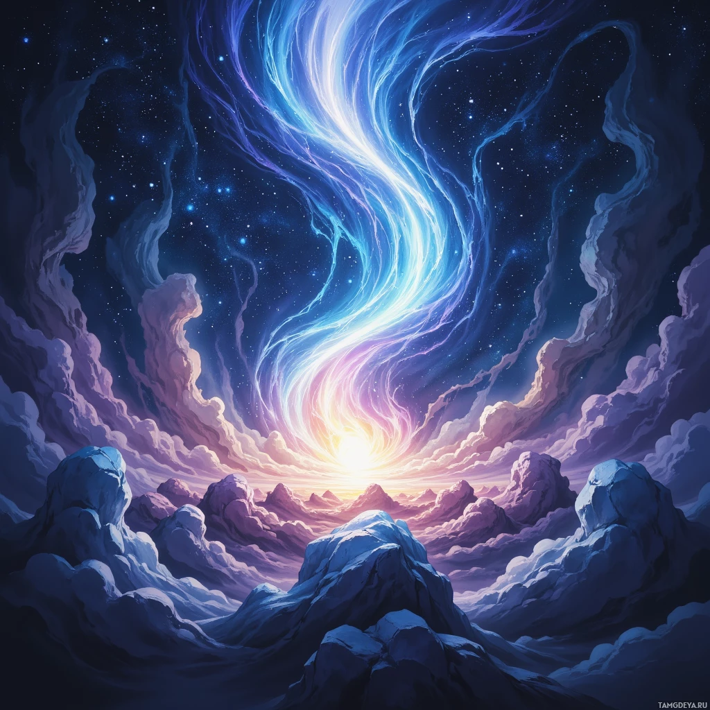 Яркая космическая сцена с завихряющимися туманностями и сияющим небесным источником света.
