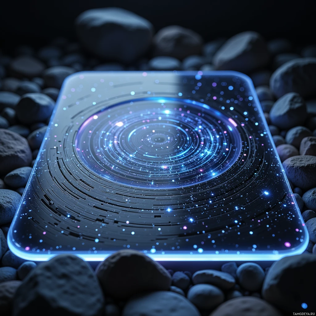 Светящееся, футуристическое устройство с круговым узором покоится на подстилке из тёмных камней.