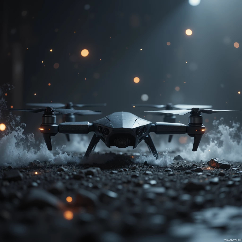 Дрон с множеством пропеллеров завис над каменистой поверхностью, на фоне которой мерцают светящиеся частицы.