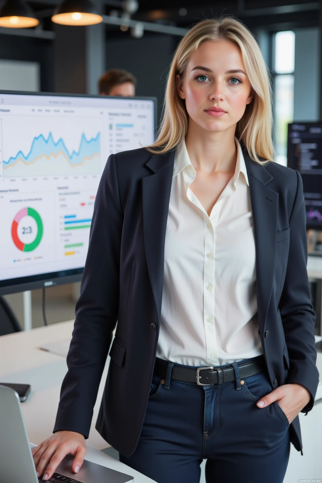 В офисе стоит деловая женщина в костюме, на заднем плане виден экран компьютера с графиками и диаграммами.