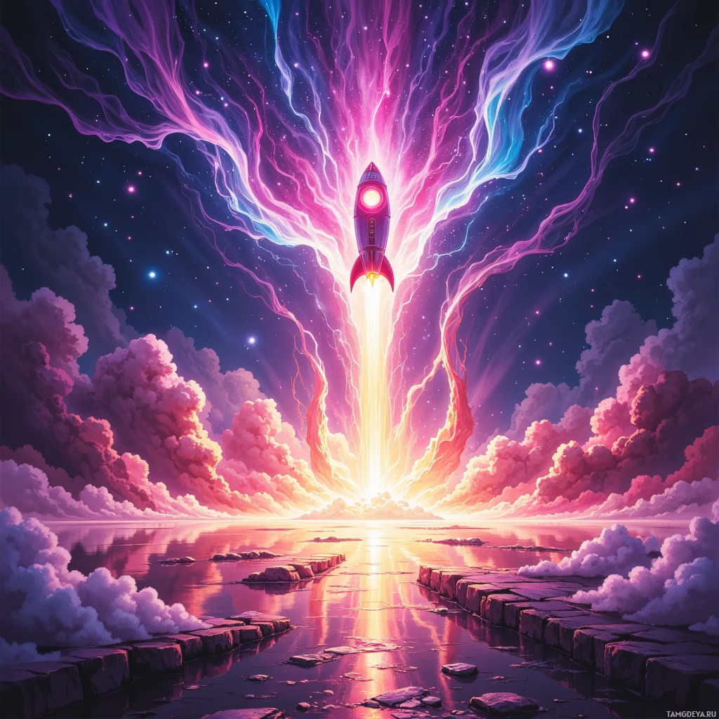 Яркая ракета взмывает в космическое небо, окружённая вихрящимися облаками и светящимся горизонтом.