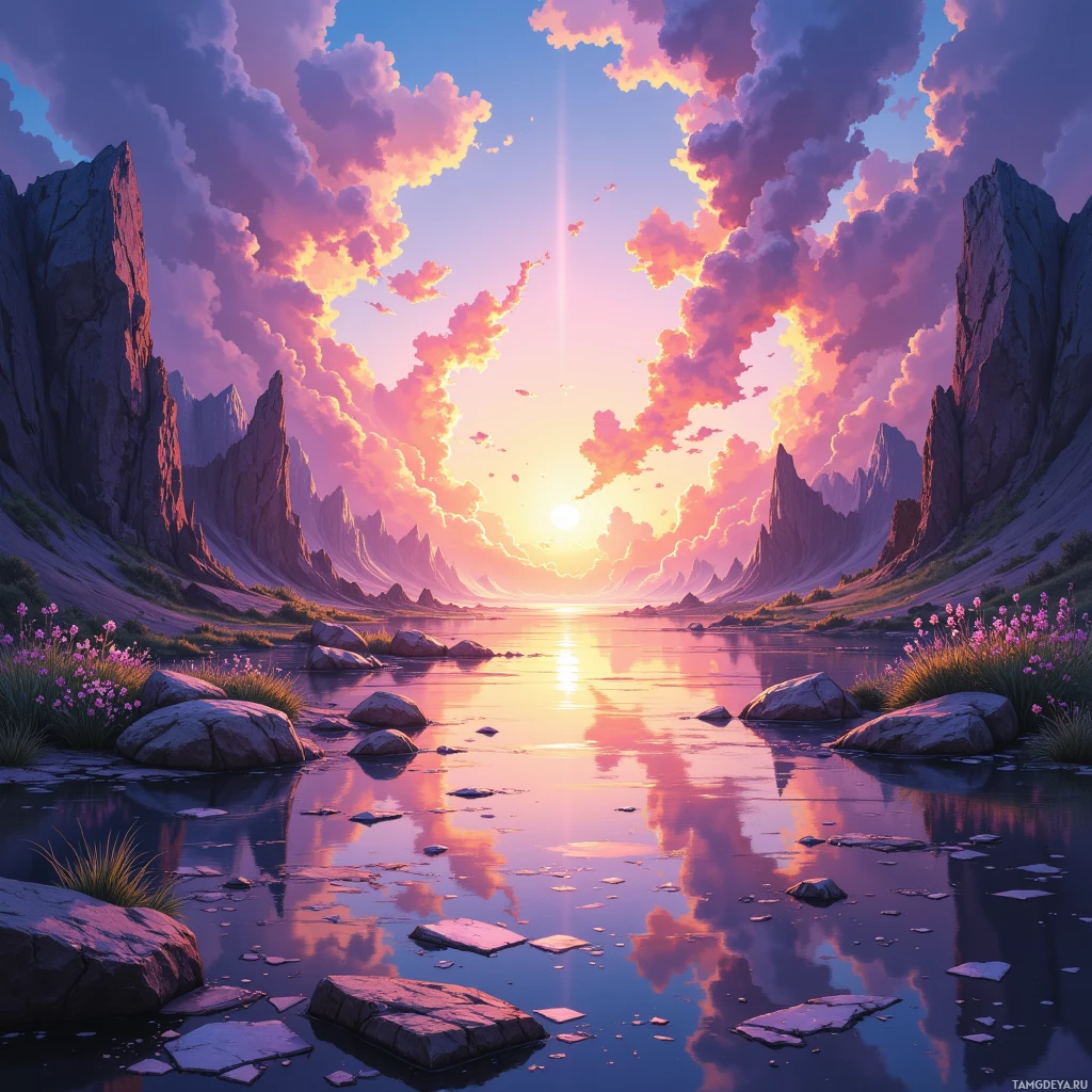 Спокойный пейзаж с тихой рекой, отражающей яркий закат, под драматичными облаками и среди возвышающихся скальных образований.