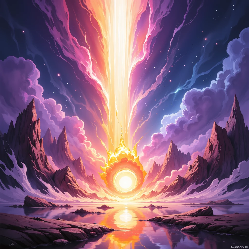 Яркий, сказочный пейзаж, где над зубчатыми горами, отражающимися в тихой глади воды, сияет лучистый солнечный диск.