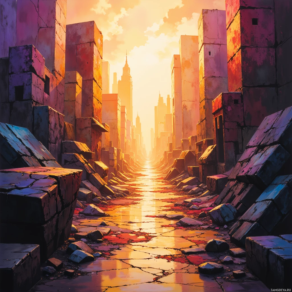 Яркий, сюрреалистичный городской пейзаж с возвышающимися зданиями и светящимся горизонтом.