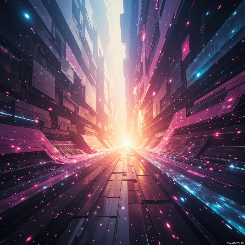 Футуристичный коридор, залитый неоновым светом, с мерцающими частицами и ярким лучом в конце.