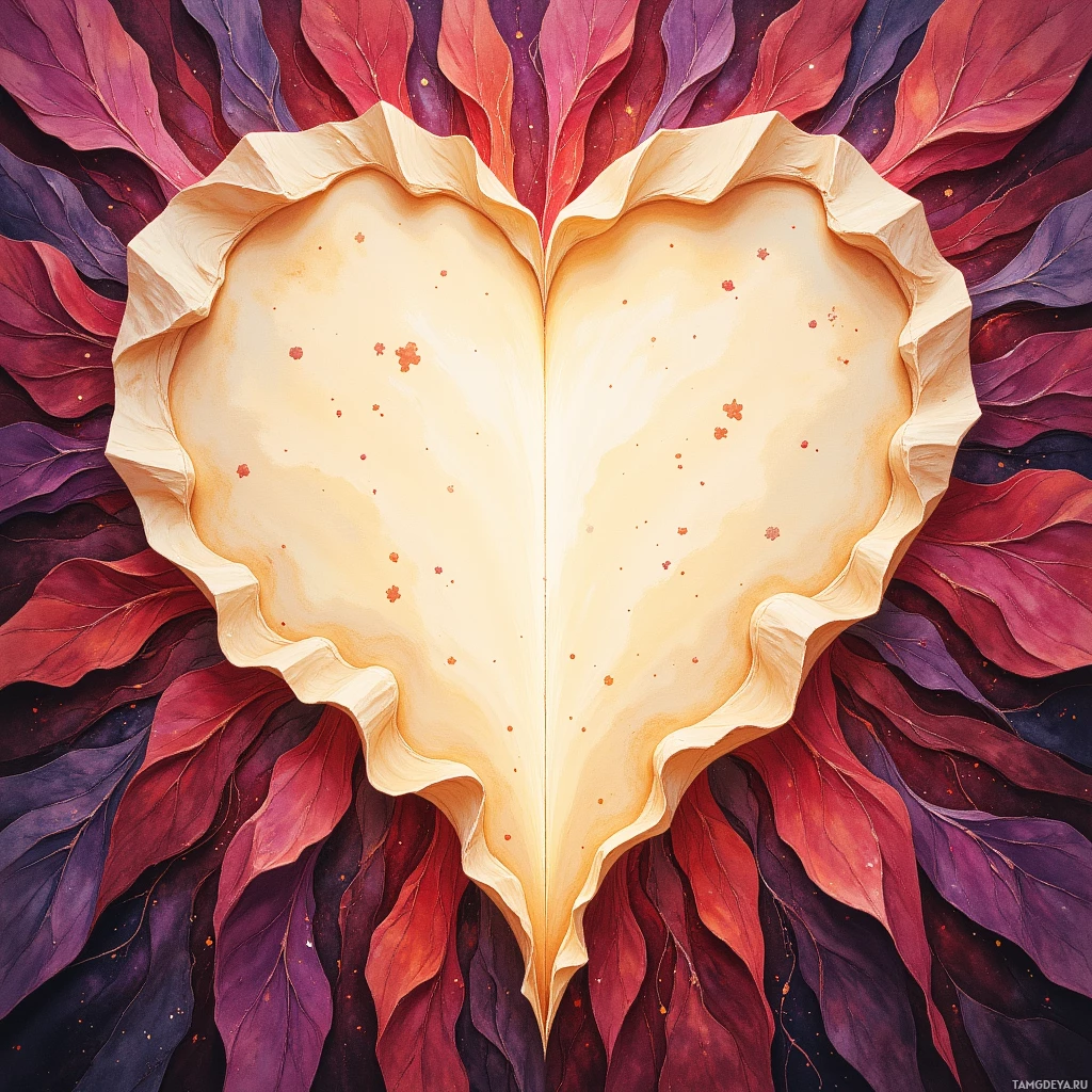 Яркая, сердцевидная композиция, окруженная многослойными узорами, напоминающими листья, в ярких цветах.