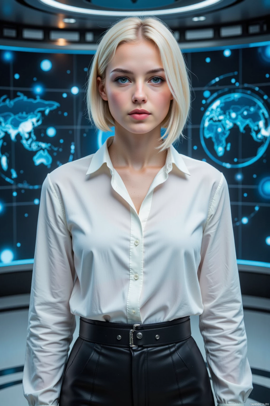 Человек стоит в футуристической обстановке, одетый в белую рубашку и черную юбку.