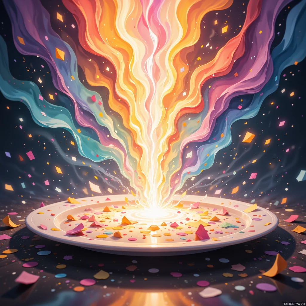 Яркий, красочный фонтан света и конфетти вырывается из тарелки, создавая праздничную и динамичную атмосферу.