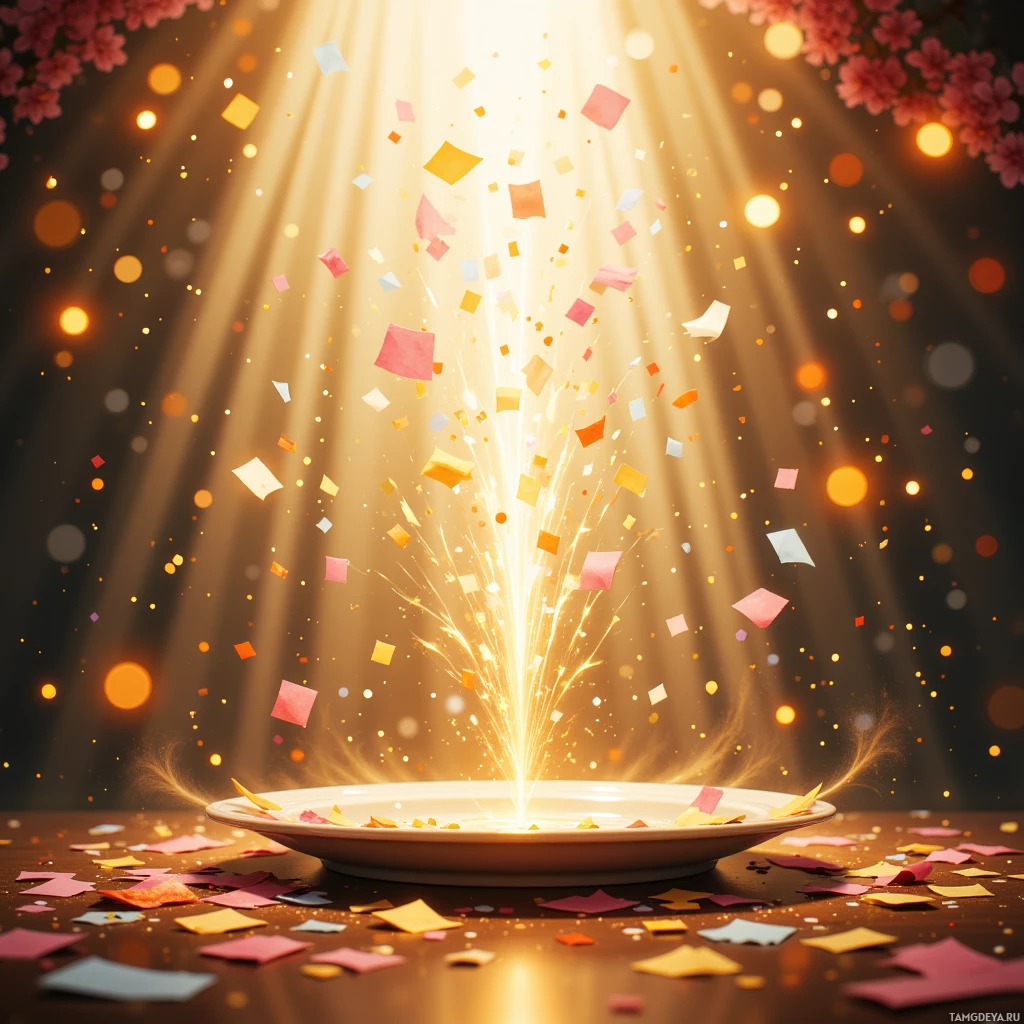 Праздничная сцена с конфетти и лучами света, расходящимися вверх от блюда.