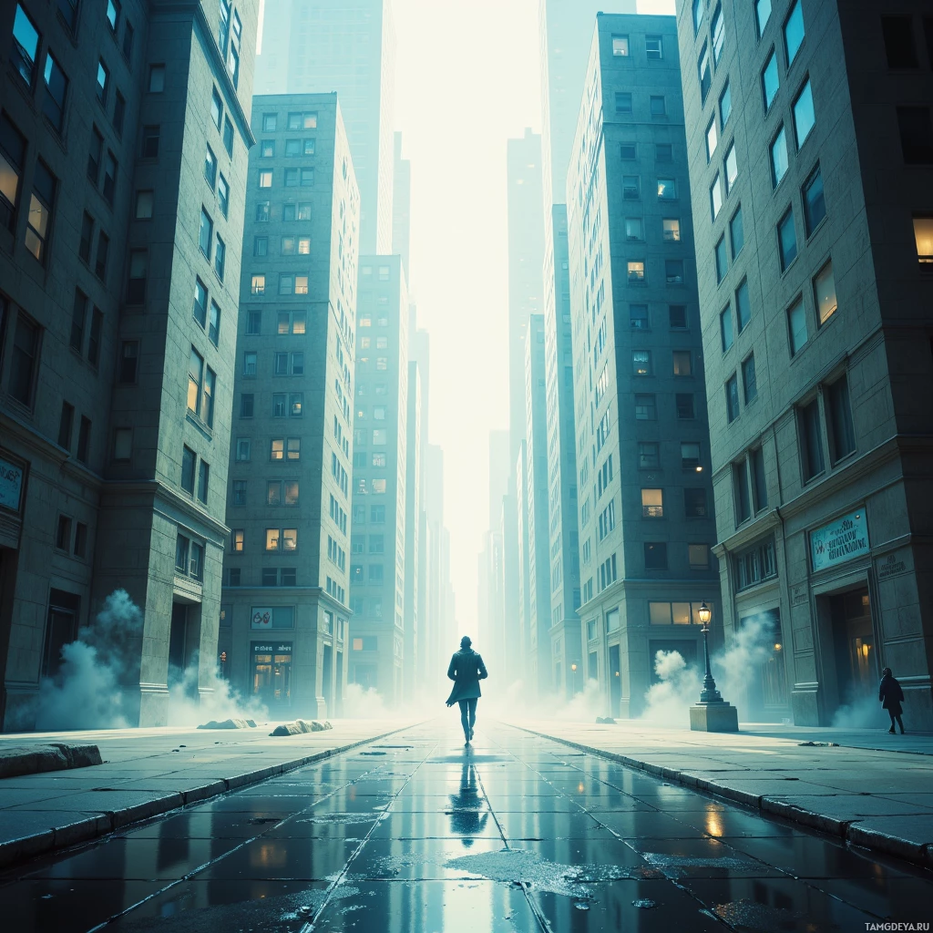 Одинокая фигура идет по мокрой, окутанной туманом городской улице, по обе стороны которой высятся высокие здания.