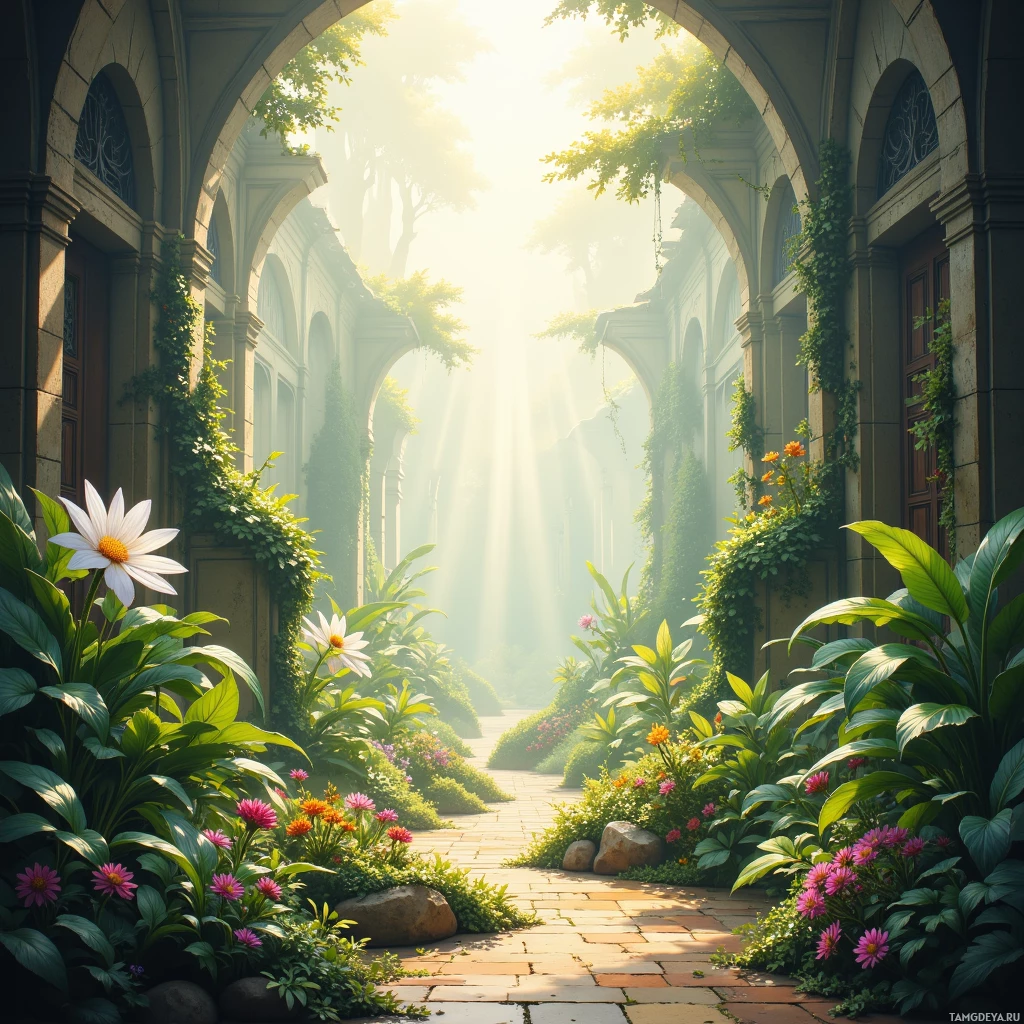 Тихая садовая аллея, увитая арками, цветами и зеленью, залитая мягким солнечным светом.