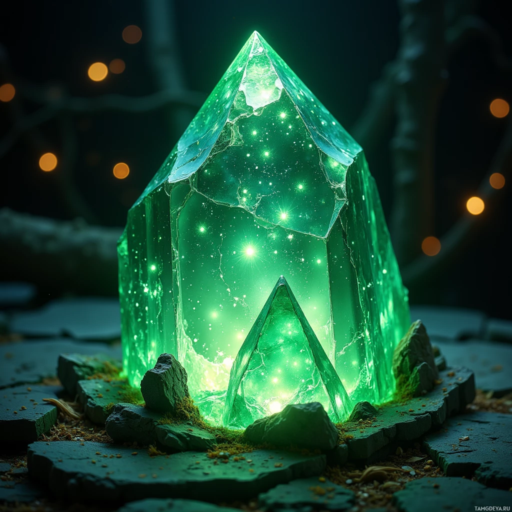 Semi-abstract image with many light, that is suitable for the post:  translucent green crystal prism with faceted surfaces, shimmering faint shifting light and reflecting a subtle firefly glow, with etched cedar root patterns on its edges.