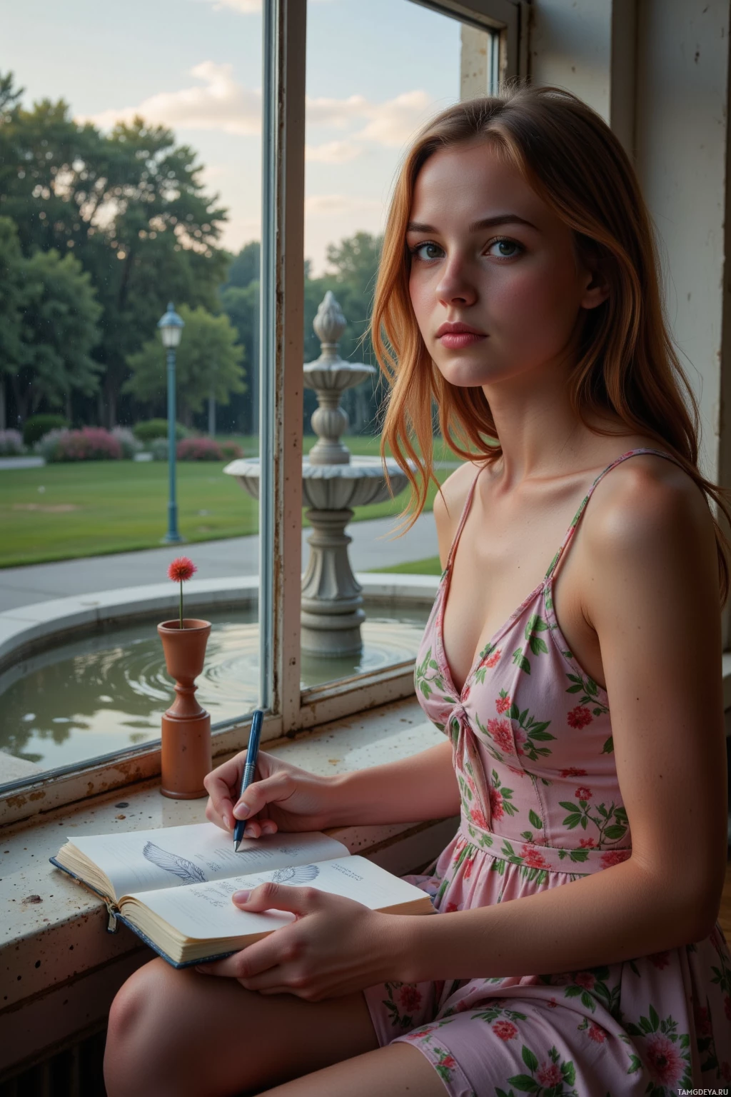 Женщина в цветочном платье сидит у окна, держа в руках ручку и блокнот, за окном видны фонтан и сад.