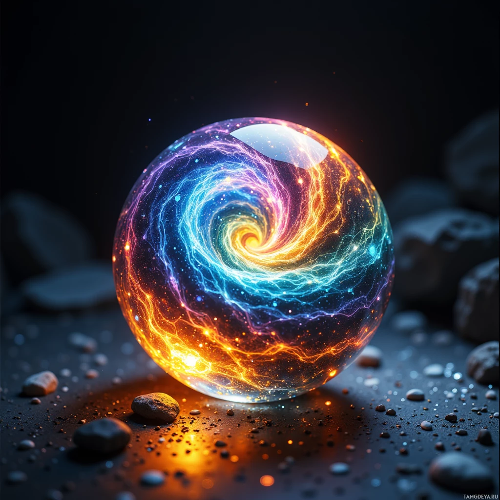 Semi-abstract image with many light, that is suitable for the post:  tiny translucent glass orb with swirling nano‑fiber core, color gradient shifting from deep blue to warm amber, subtle pulse glow, glass facets refracting light like a kaleidoscope, worn as a wrist cuff, shimmering edges.