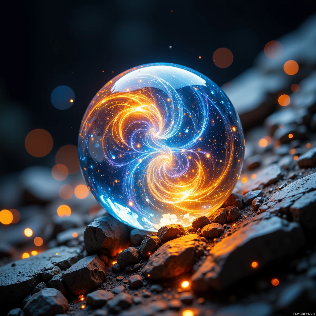 Semi-abstract image with many light, that is suitable for the post:  tiny translucent glass orb with swirling nano‑fiber core, color gradient shifting from deep blue to warm amber, subtle pulse glow, glass facets refracting light like a kaleidoscope, worn as a wrist cuff, shimmering edges.