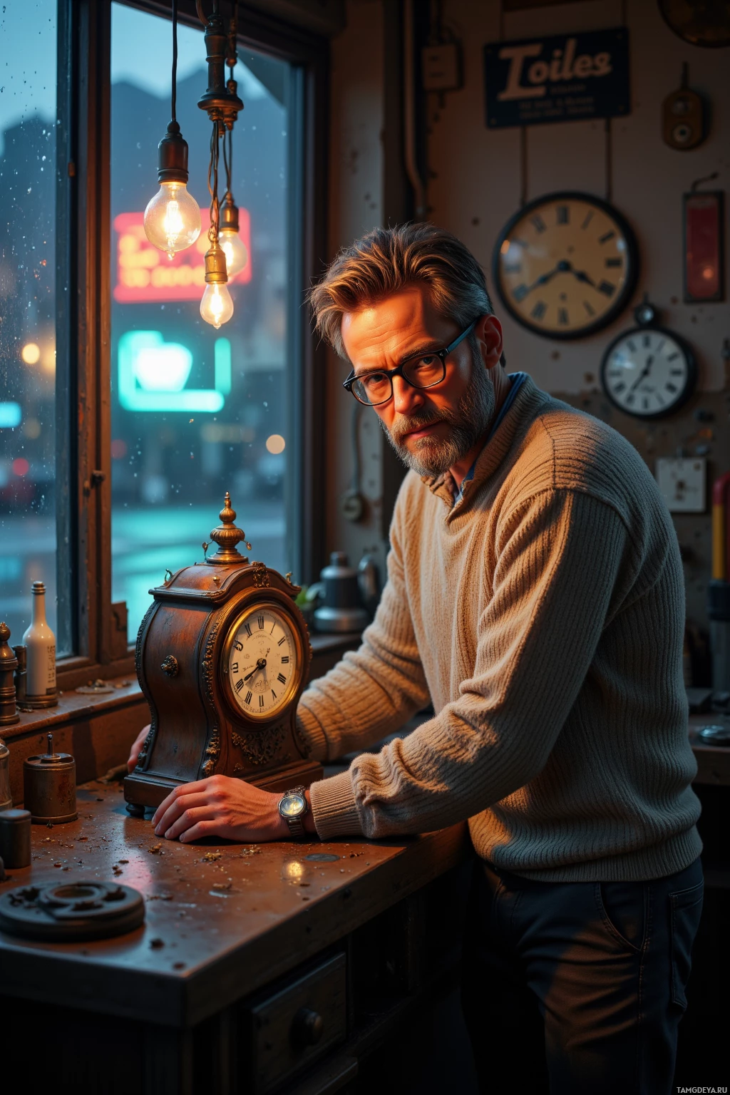 Мужчина в свитере облокотился на стол в мастерской, глядя в окно, за которым виднелся городской пейзаж с неоновыми огнями.