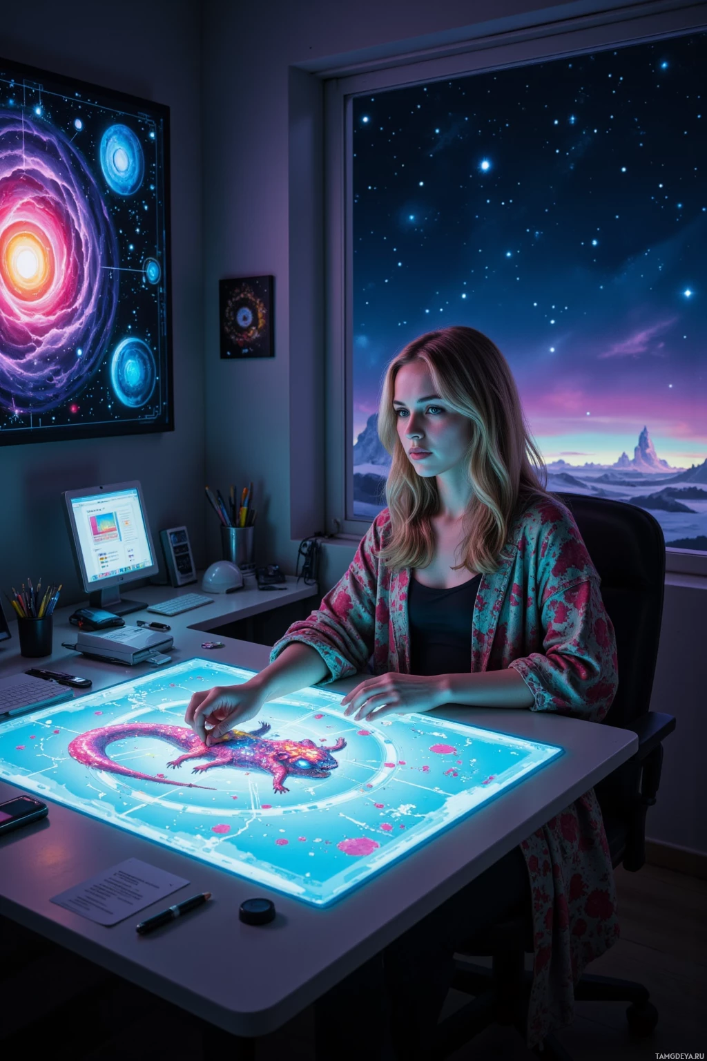 Человек сидит за столом с подсвечивающим столом и рисует красочного дракона.