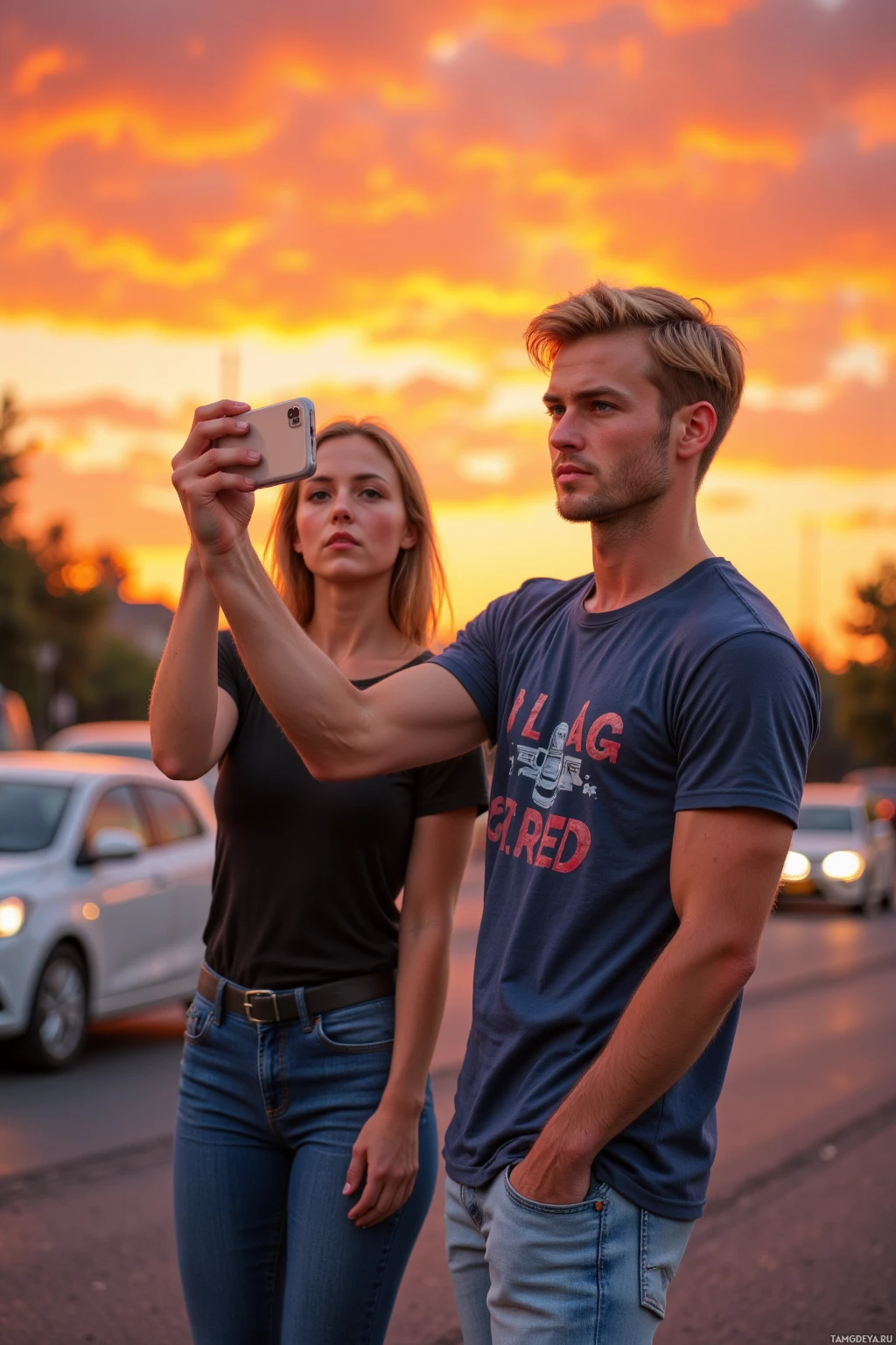 Мужчина и женщина стоят на улице на закате, мужчина фотографирует.