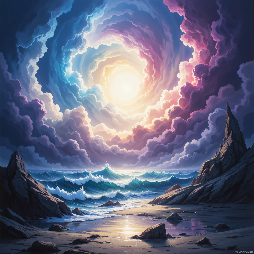 Безмятежная прибрежная панорама с грозовыми облаками и сияющим солнцем, создающим эффект туннеля над океанскими волнами и каменистым берегом.