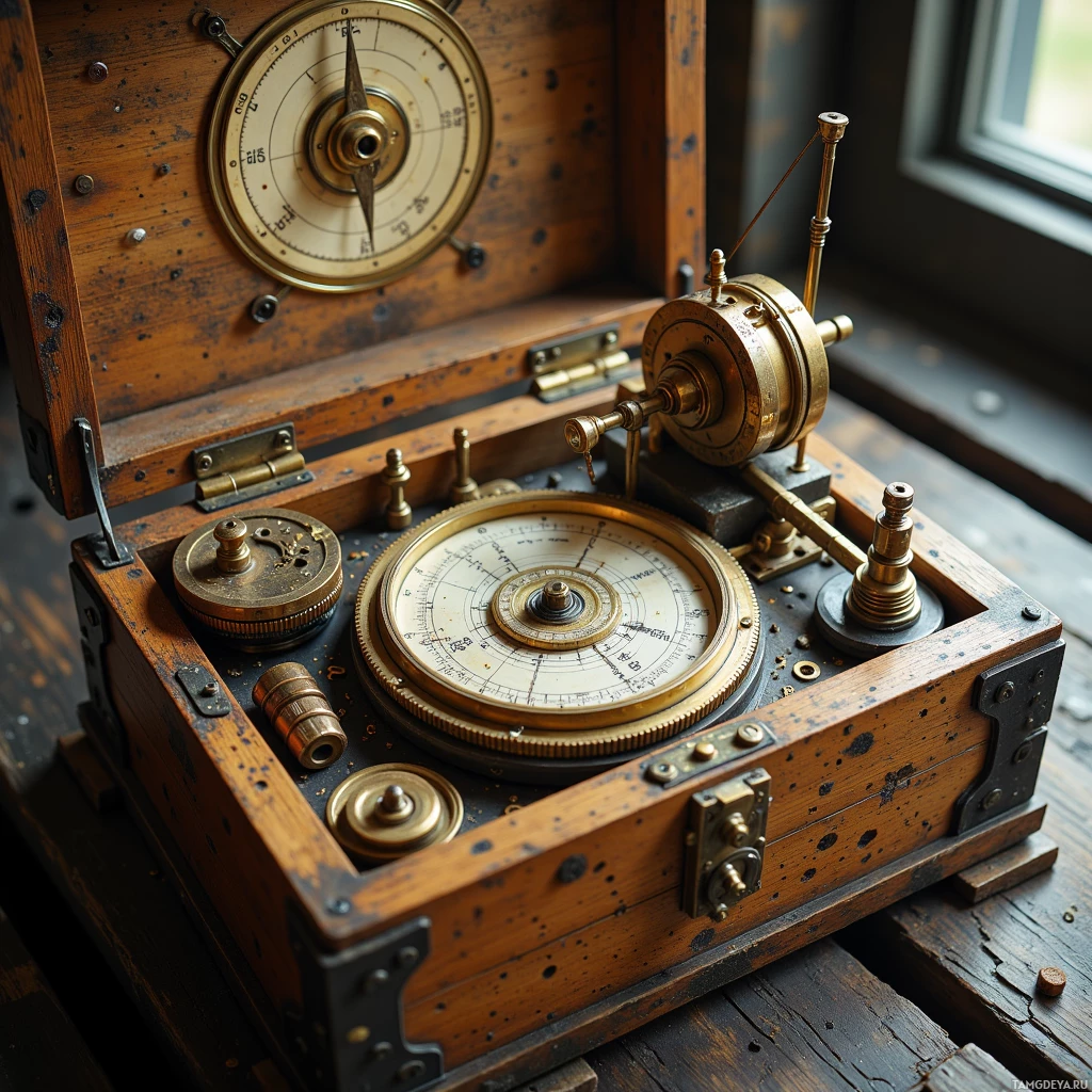 Старинный деревянный ящик с латунным компасом и другими механическими деталями.