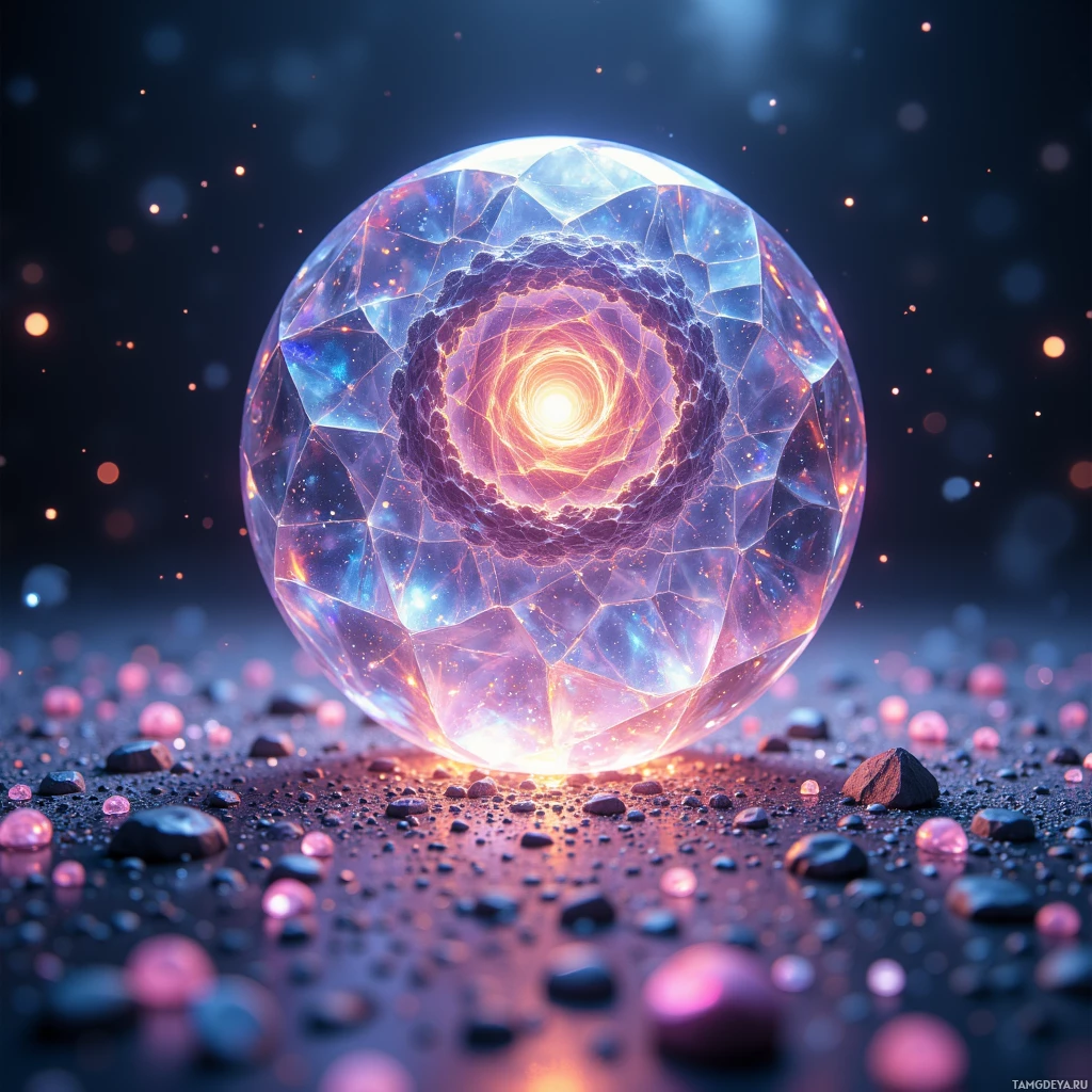 Сверкающий кристаллический шар с сияющим внутренним светом покоится на подстилке из мелких камней и гальки.
