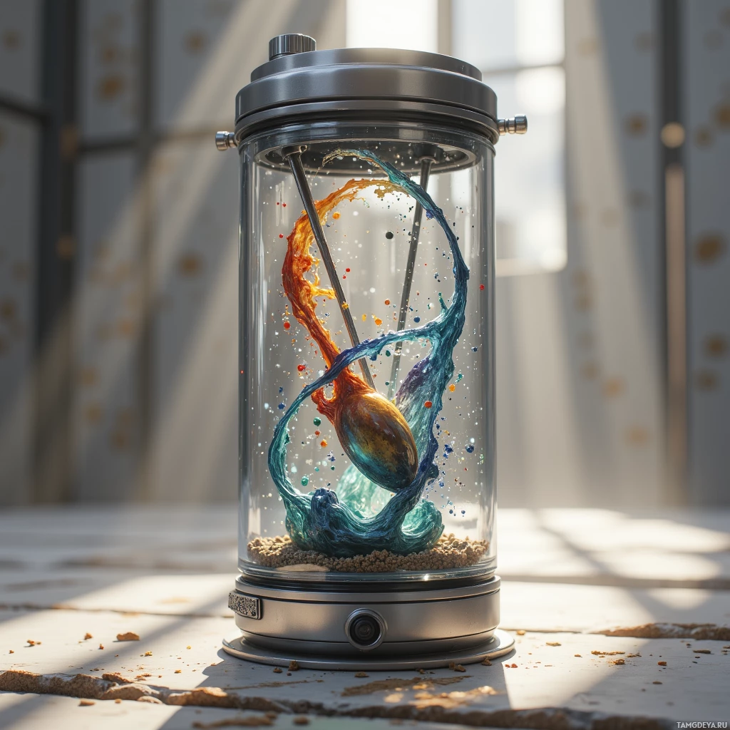 Стеклянная емкость с разноцветной жидкостью, брызжущей внутри, стоит на поверхности, усыпанной крошками.