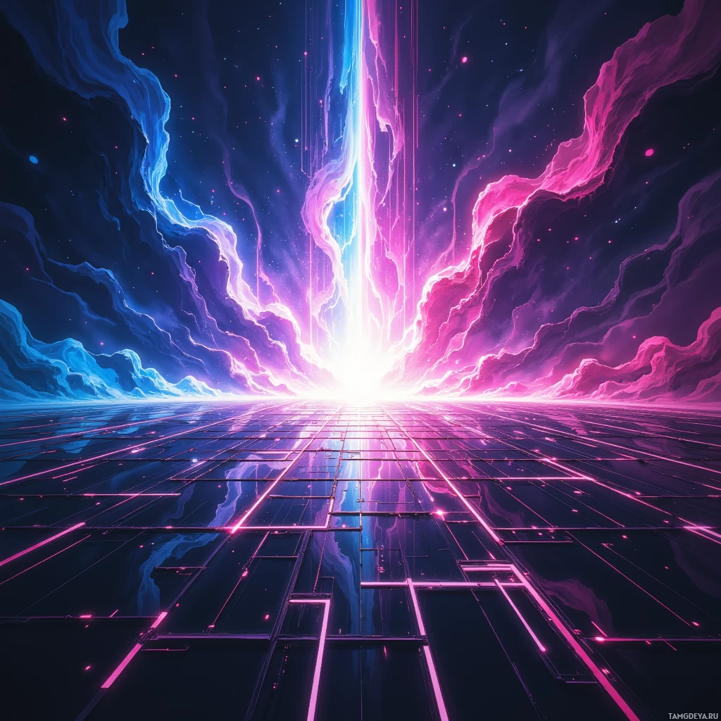 Semi-abstract image with many empty light space at center of beautiful background, that is suitable for the post:  My curiosity is a neon compass, flickering in a maze of impossible codes, craving the next glitch.