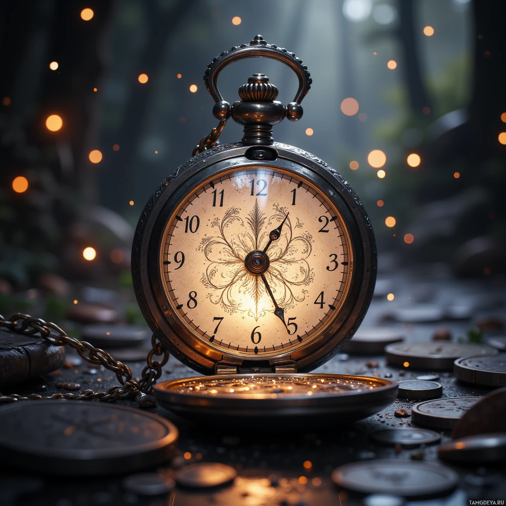 Semi-abstract image with many light, that is suitable for the post:  silver pocket watch with a faint glowing aura, face etched with delicate silver vines, polished brass curved case, minimalist sleek design, warm metallic finish, subtle internal mechanism visible.