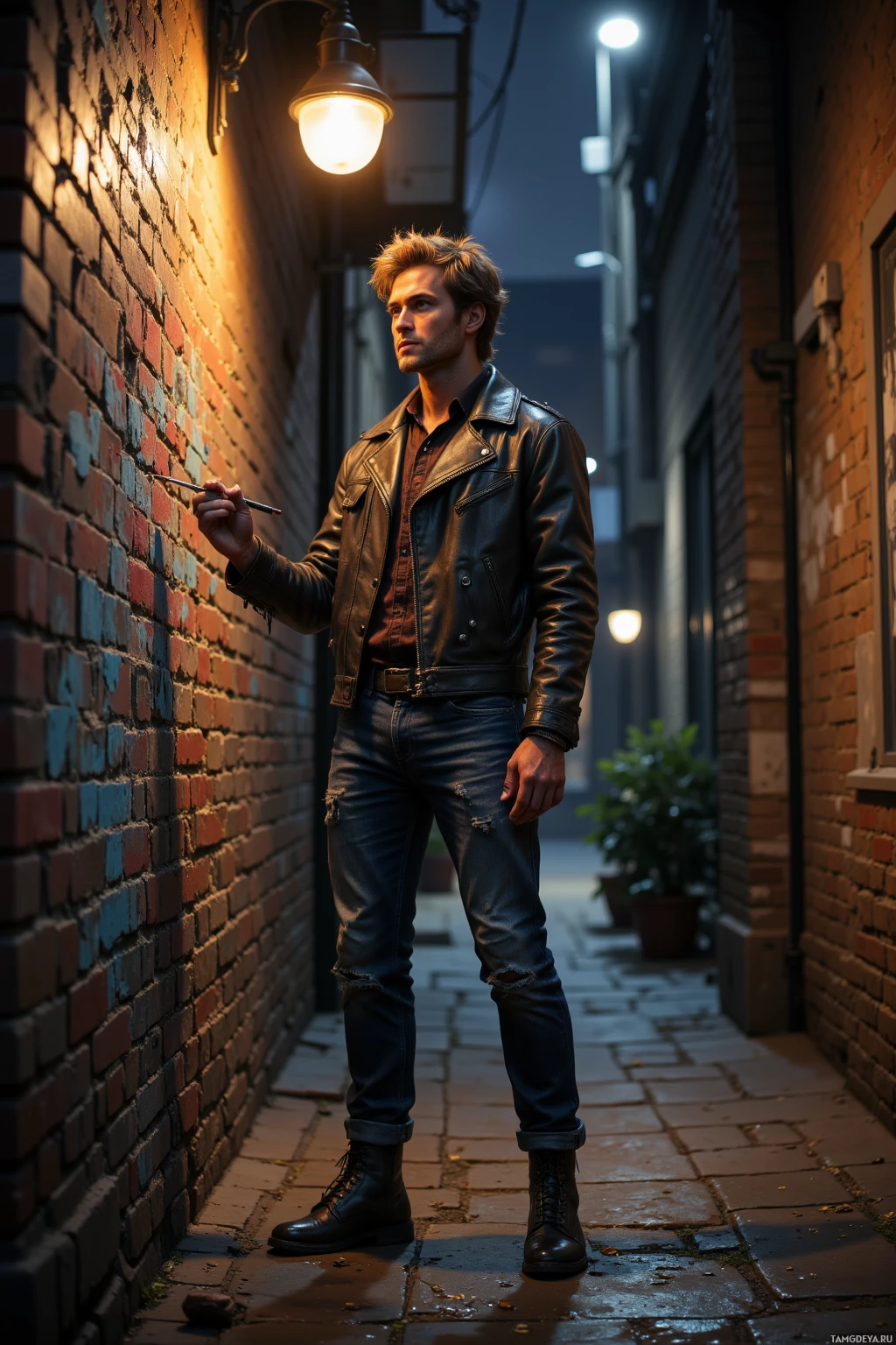 Realistic high quality photo. A 33‑year‑old man with tousled brown hair, bright blue eyes, warm olive skin, a strong jawline, prominent nose, full lips, wearing a worn leather jacket, faded jeans and scuffed boots, stands in a narrow city alley at night under a single flickering lamp, painting muted strokes of paint onto a brick wall with a focused, rebellious expression.