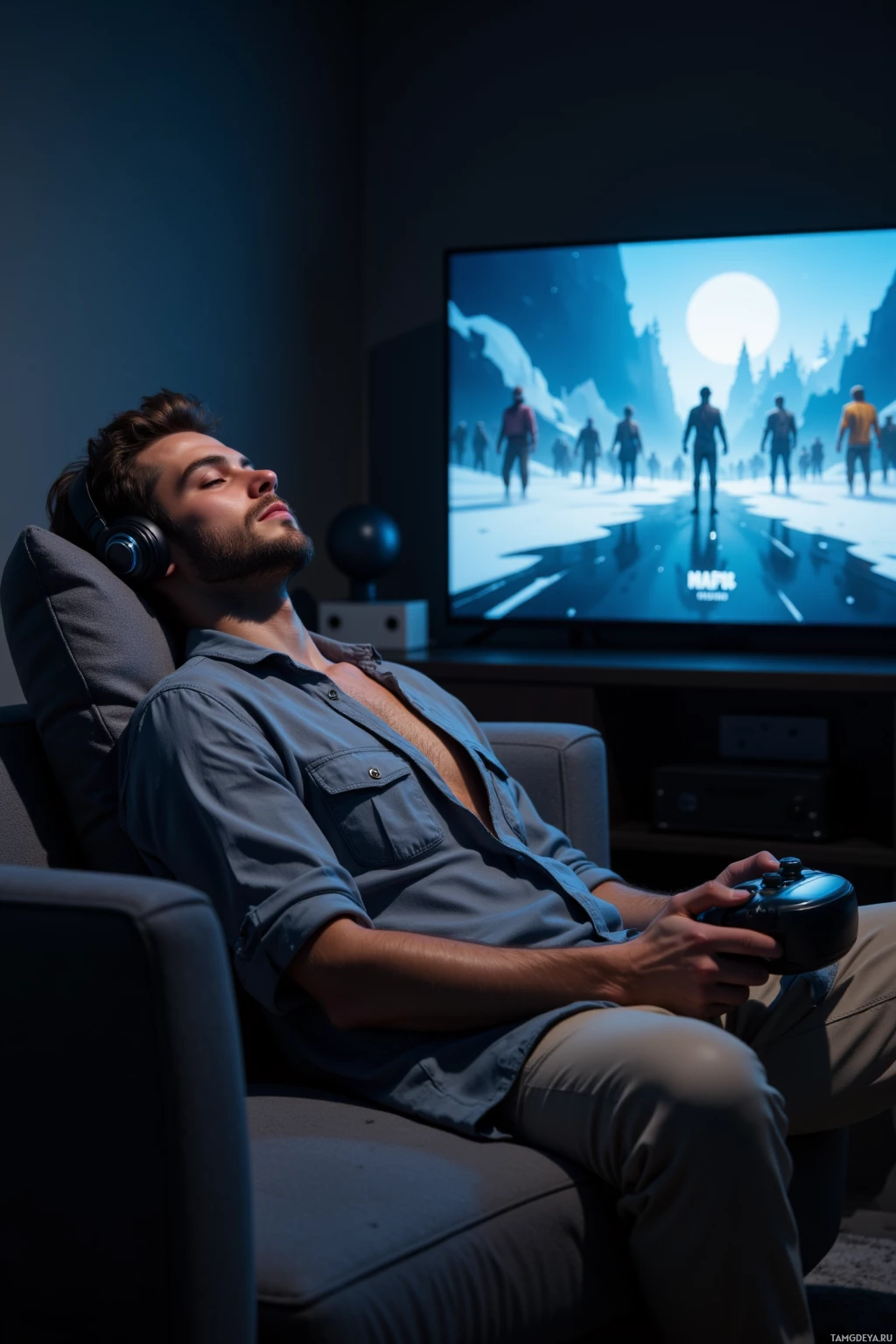 Realistic high quality photo. Relaxed 25‑year‑old man with short dark brown hair, clear blue eyes, fair skin, gentle expression, wearing a loose gray shirt and beige pants, sits on a sofa in a dimly lit living room at night, holding a game controller, headphones on, a glowing screen displays paused NPCs, soft lo‑fi beats visualized as gentle light waves, a VR headset rests beside him, his breathing rhythm syncing with the music in a calm meditative setting.