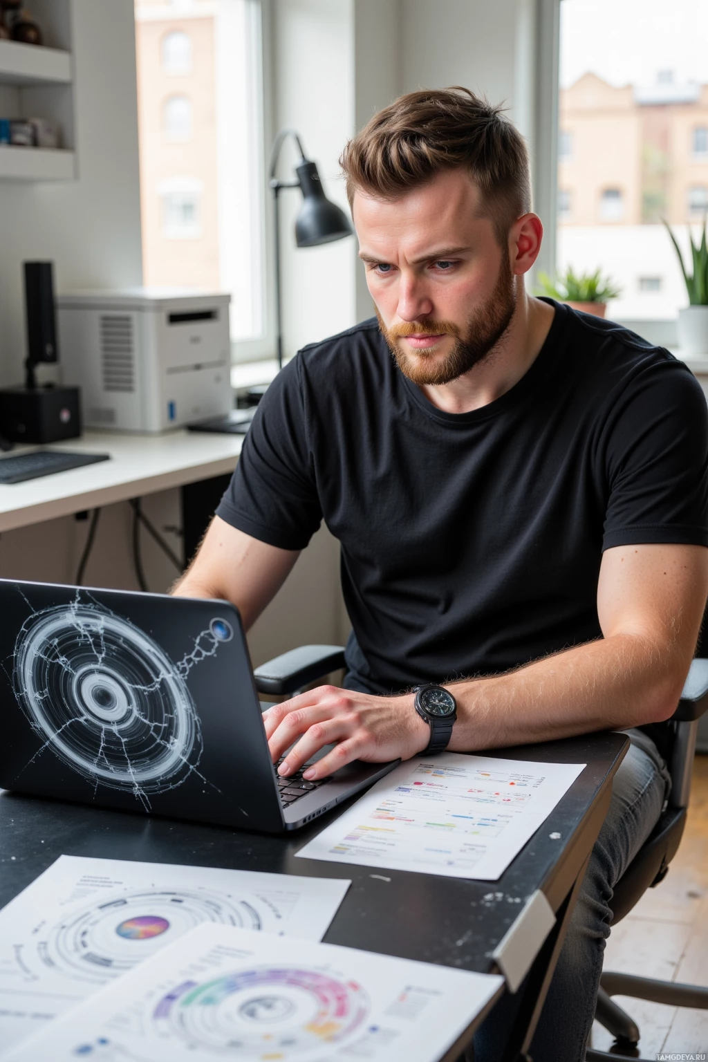 Realistic high quality photo. A 32‑year‑old man with short brown hair, a well‑kept beard, blue eyes, pale skin, wearing a black t‑shirt, gray jeans, and black sneakers, sits at a modern desk in a well‑lit home office, intently looking at a laptop with a cracked case featuring a Möbius strip doodle, while a spread of printed spreadsheet pages with nested loops and a printer sit beside him, midday light filtering through a window.