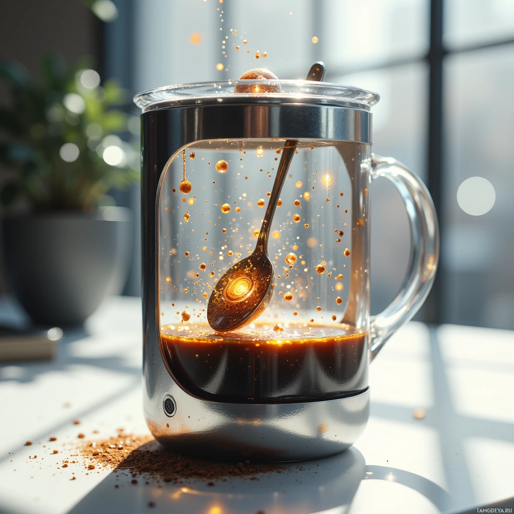 Semi-abstract image with many light, that is suitable for the post:  sleek silver cylindrical coffee mug with a translucent lid, a tiny motorized spoon swirling liquid inside, ink cartridge creating whimsical sketches on the inner glass wall, and a tiny speaker embedded in the rim, all rendered with metallic and glassy textures.
