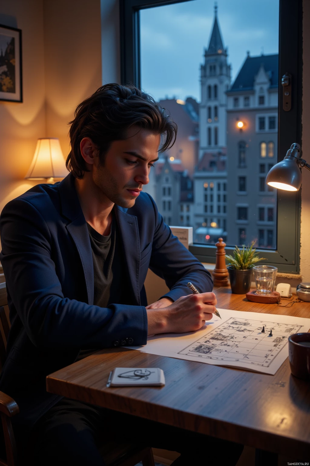 Realistic high quality photo. Male, 33, lean, raven black hair, blue eyes, wearing a dark tailored casual jacket and black T‑shirt, seated at a wooden desk in a quiet room, sketching layered strategy on paper while gazing out a window at a city grid that resembles a chessboard, late evening, calm and distant expression.