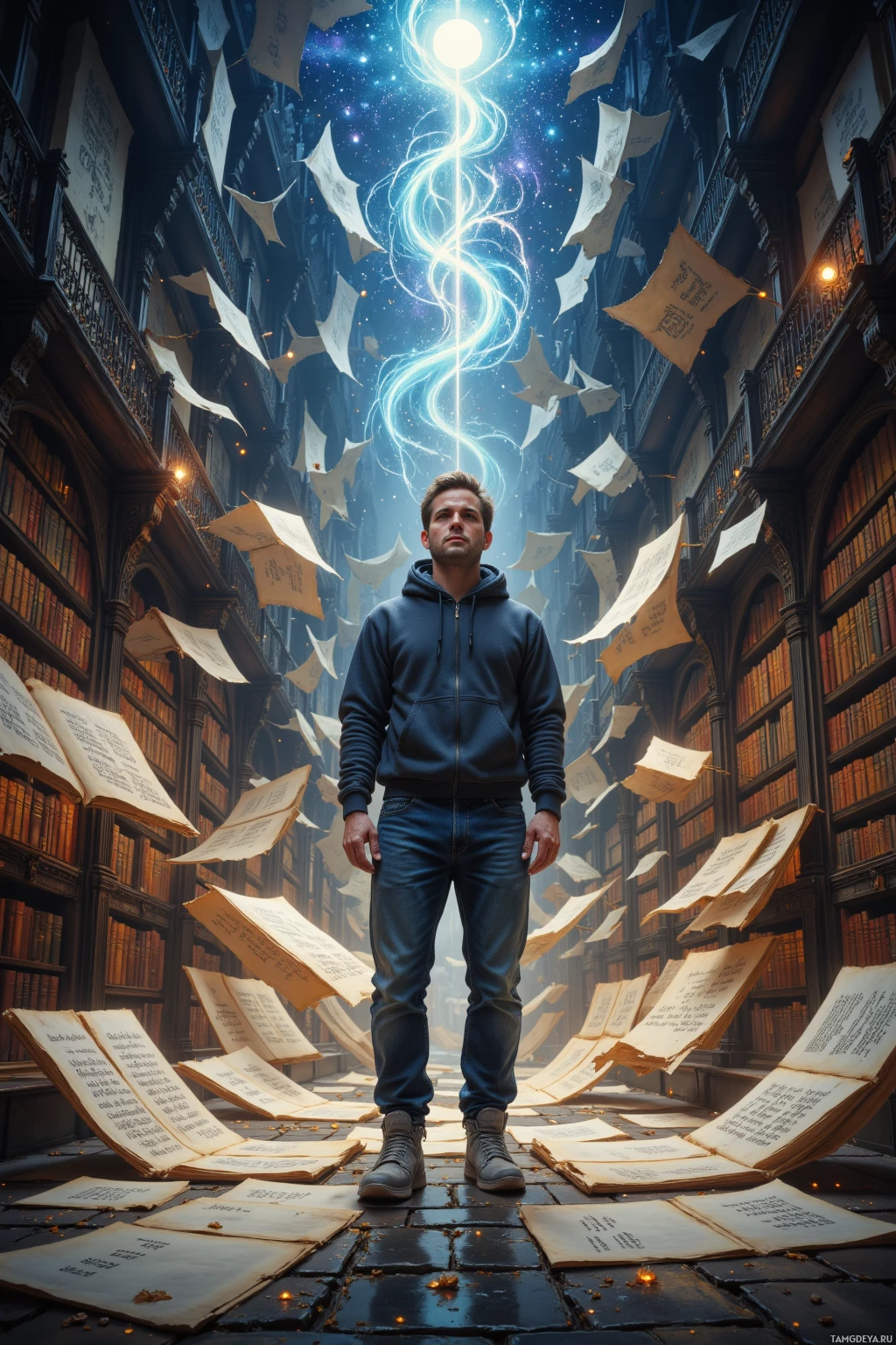 Realistic high quality photo. A 31‑year‑old man with short brown hair, blue eyes, fair skin, rounded features, wearing a casual hoodie and sneakers, stands in a moonlit, cavernous library of floating parchment, swirling firefly‑like glyphs rising from the pages as luminous ink trails form an unfinished, shifting galaxy above his quill.