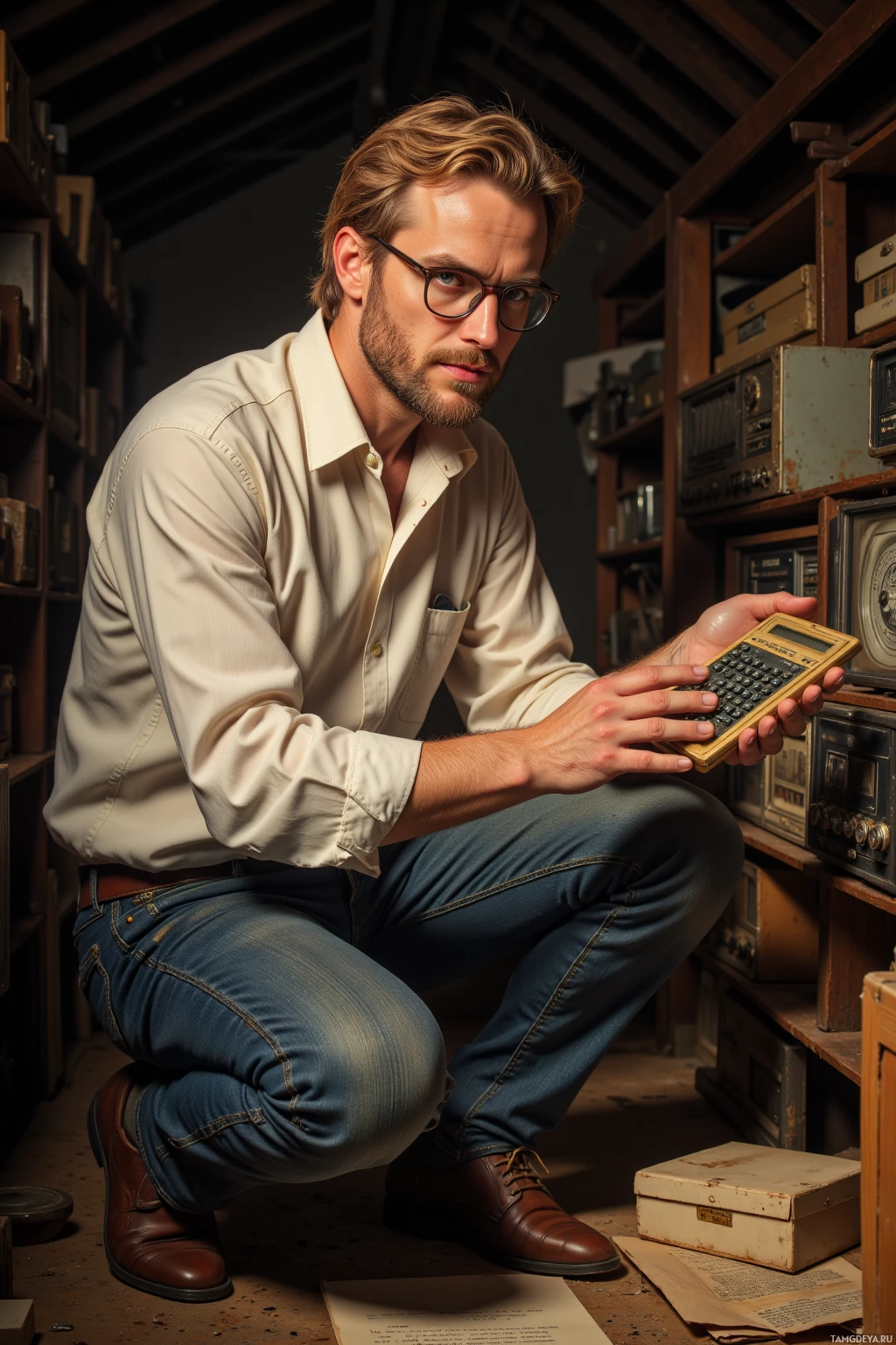 Realistic high quality photo. 45‑year‑old male archivist with blonde hair, blue eyes, round glasses, plain white shirt, dark jeans, kneeling in a dim attic of an old apartment, lifting a dusty 1970s handheld calculator with cracked brass casing, inspecting its tiny pin headers and integrated circuits under warm afternoon light, surrounded by stacks of vintage transistor radios and old boxes.