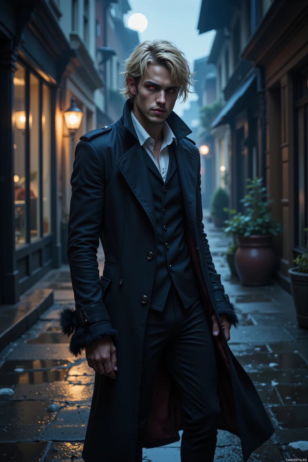 Realistic high quality photo. A 29‑year‑old male rogue with messy blonde hair and piercing red eyes, wearing a dark tailored trench coat with flapping cuffs, stands in a dimly lit urban alley at night, holding a silver lockpick, his expression playful and confident, surrounded by scattered streetlamps reflecting on wet pavement with moonlight casting a silver glow.