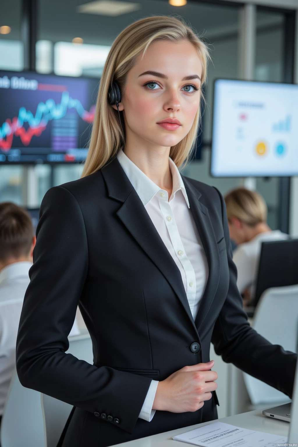 Realistic high quality photo. A 30‑year‑old woman with slicked‑back blonde hair, blue eyes, porcelain skin, wearing a black business suit, crisp white blouse, high heels, and a futuristic Bluetooth headset, stands in a modern office at midday, multitasking on three computer screens showing a live data stream, a pitch deck, and a blinking client portal clock, her expression sharp and focused.